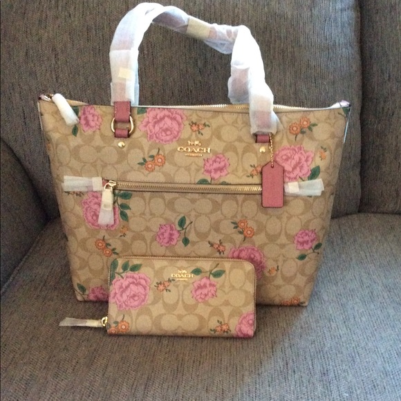 Coach Handbags - Authentic Coach Signature Rose Tote Bag & Wallet